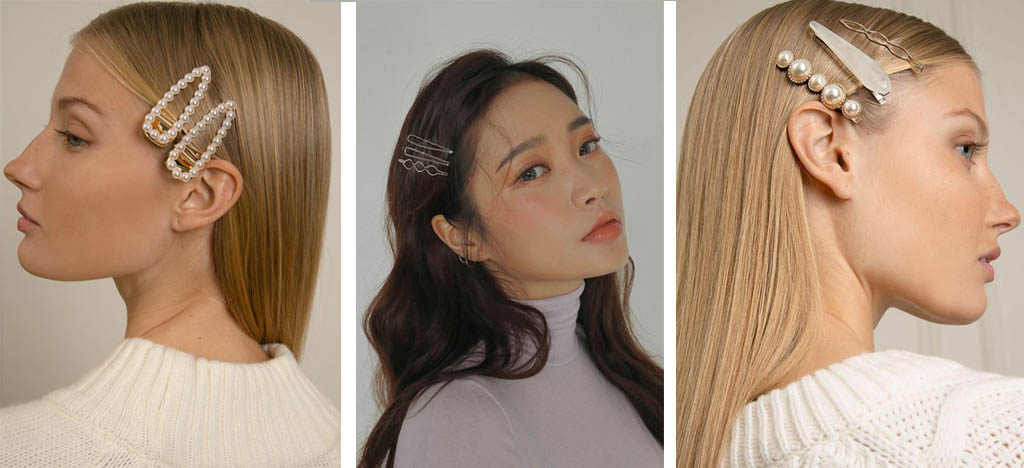 cabello suelto con horquillas de perlas